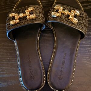 Wild Diva Black Sandals with Jewel Embellishments